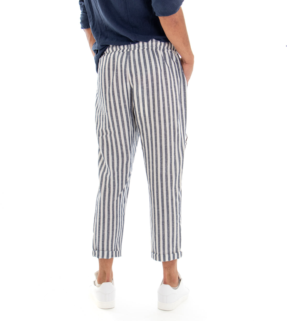 Pantaloni Uomo Lino Rigato Elastico Pantalaccio Casual Blu GIOSAL-P2974A