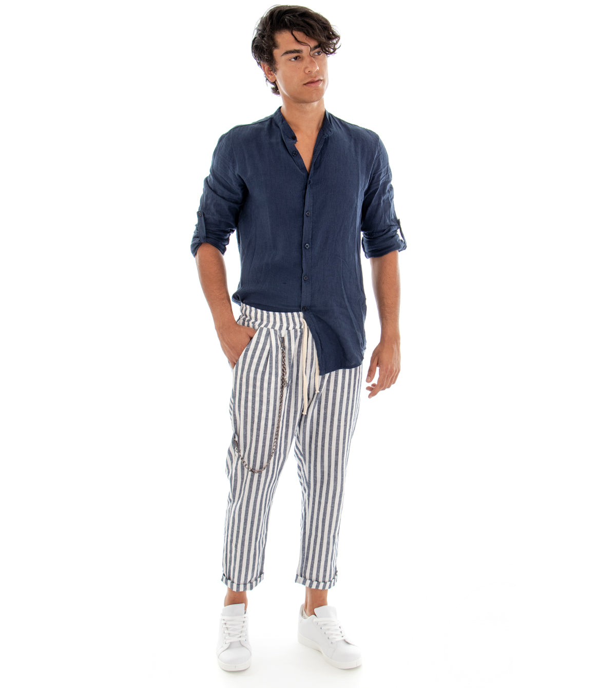Pantaloni Uomo Lino Rigato Elastico Pantalaccio Casual Blu GIOSAL-P2974A