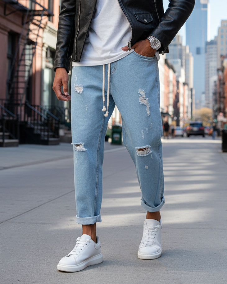 Pantaloni Uomo Jeans Loose Fit Pantalaccio Rotture Denim Chiaro P3021A