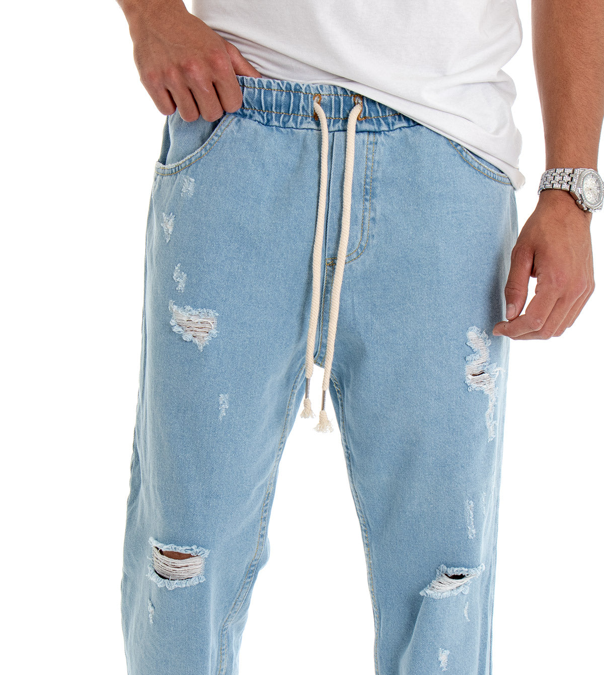 Pantaloni Uomo Jeans Loose Fit Pantalaccio Rotture Denim Chiaro P3021A