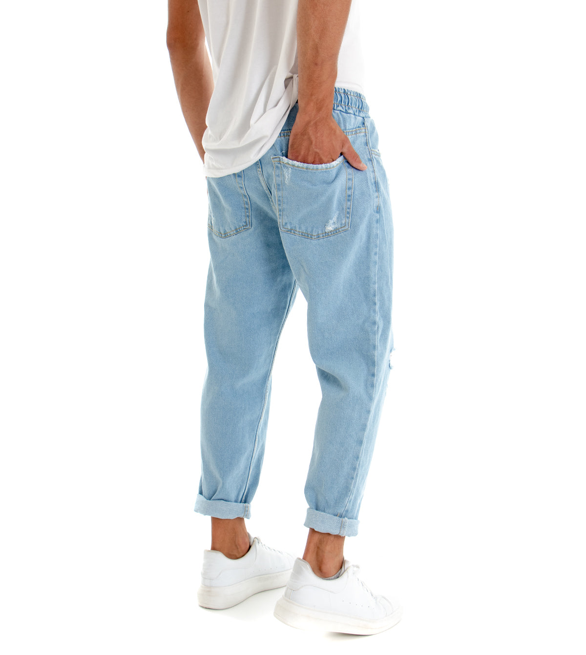 Pantaloni Uomo Jeans Loose Fit Pantalaccio Rotture Denim Chiaro P3021A