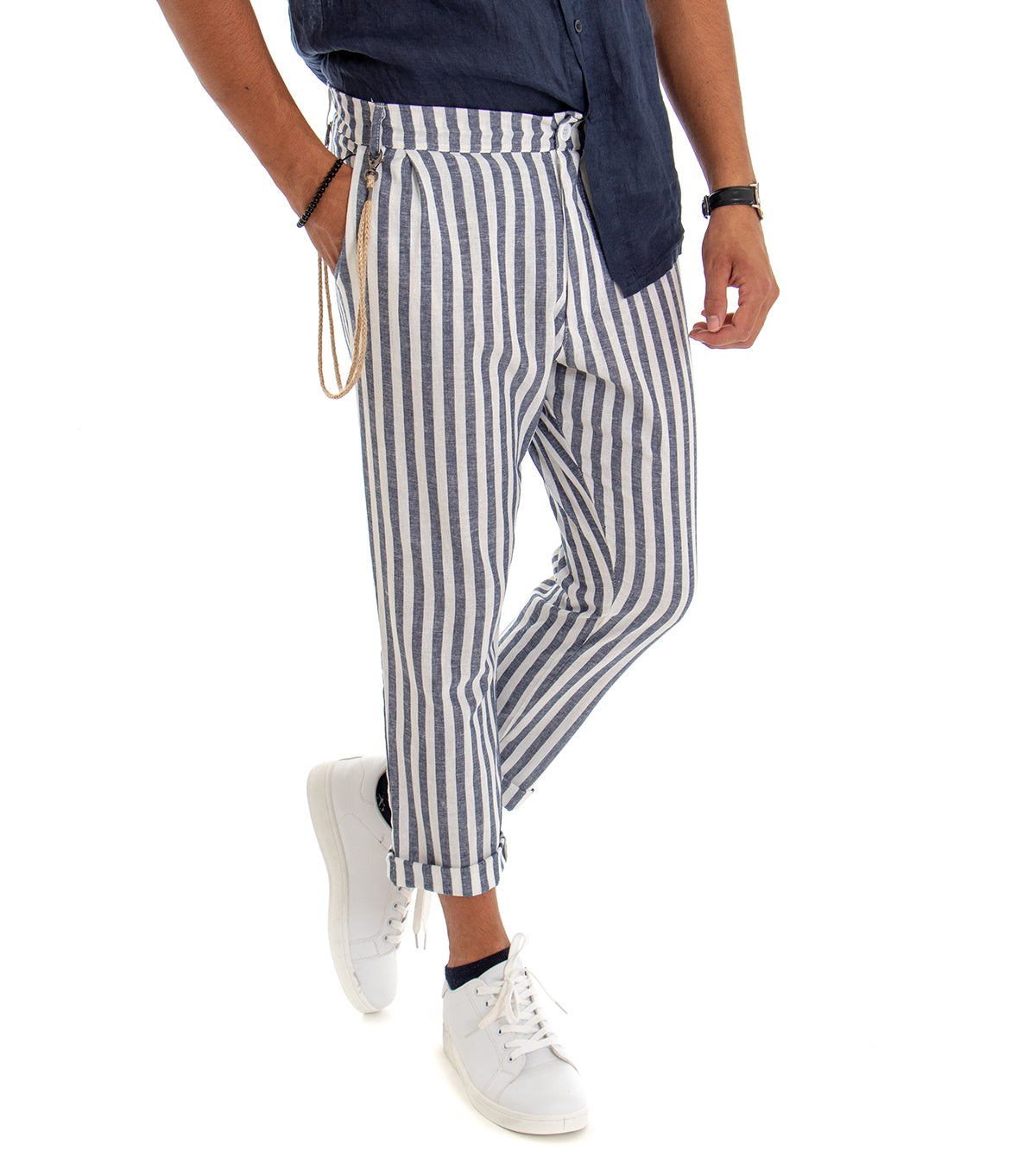 Pantaloni Uomo Lino Rigato Tasche America Casual Bicolore Bianco Blu GIOSAL-P3042A