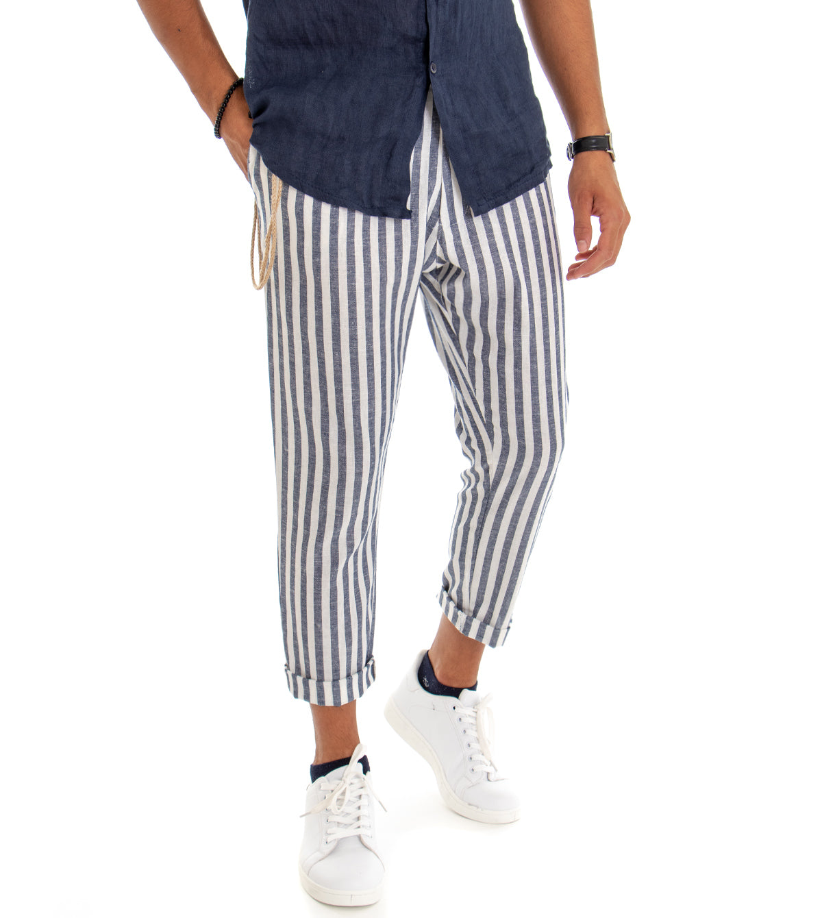 Pantaloni Uomo Lino Rigato Tasche America Casual Bicolore Bianco Blu GIOSAL-P3042A