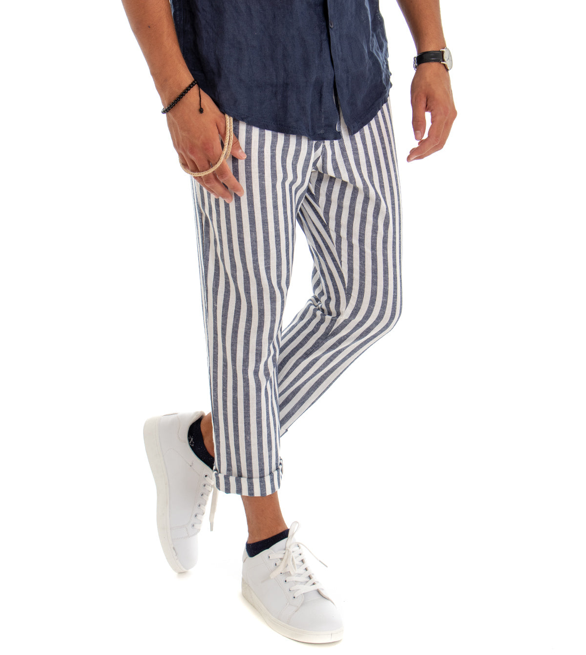 Pantaloni Uomo Lino Rigato Tasche America Casual Bicolore Bianco Blu GIOSAL-P3042A