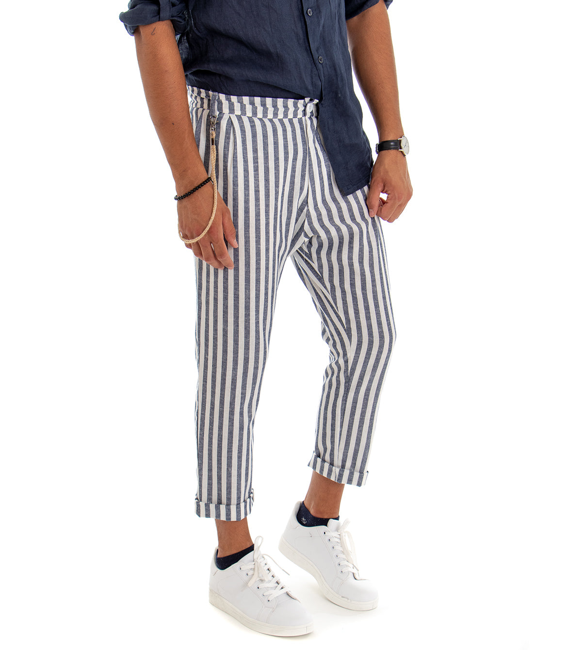 Pantaloni Uomo Lino Rigato Tasche America Casual Bicolore Bianco Blu GIOSAL-P3042A