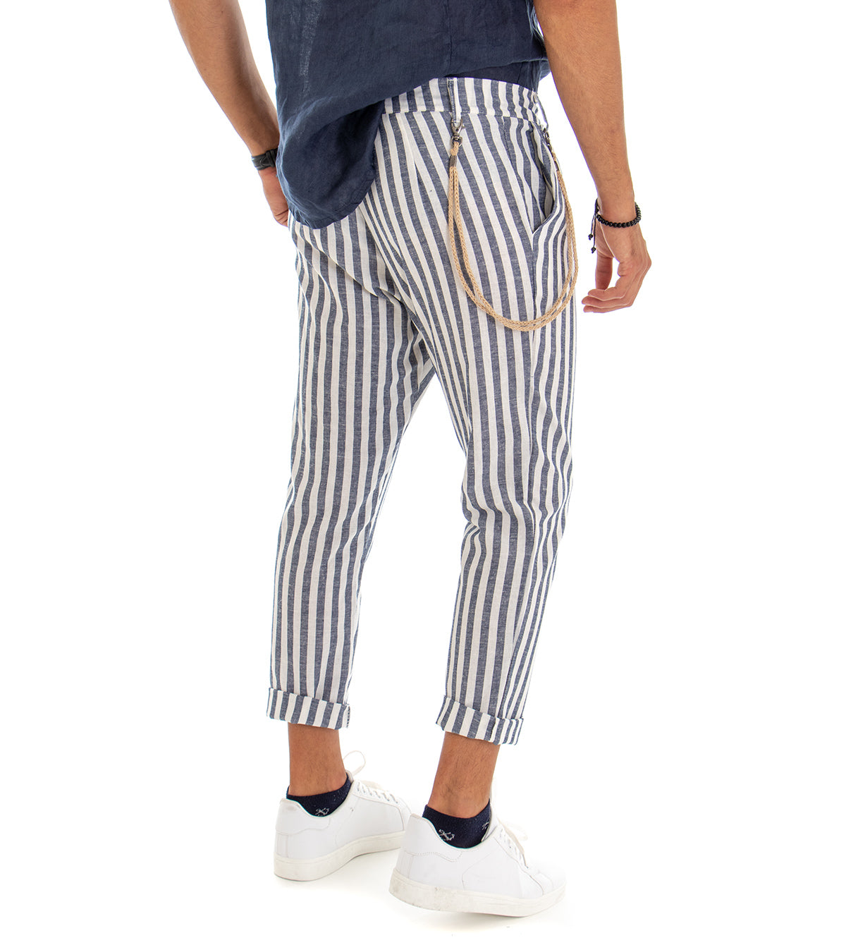 Pantaloni Uomo Lino Rigato Tasche America Casual Bicolore Bianco Blu GIOSAL-P3042A