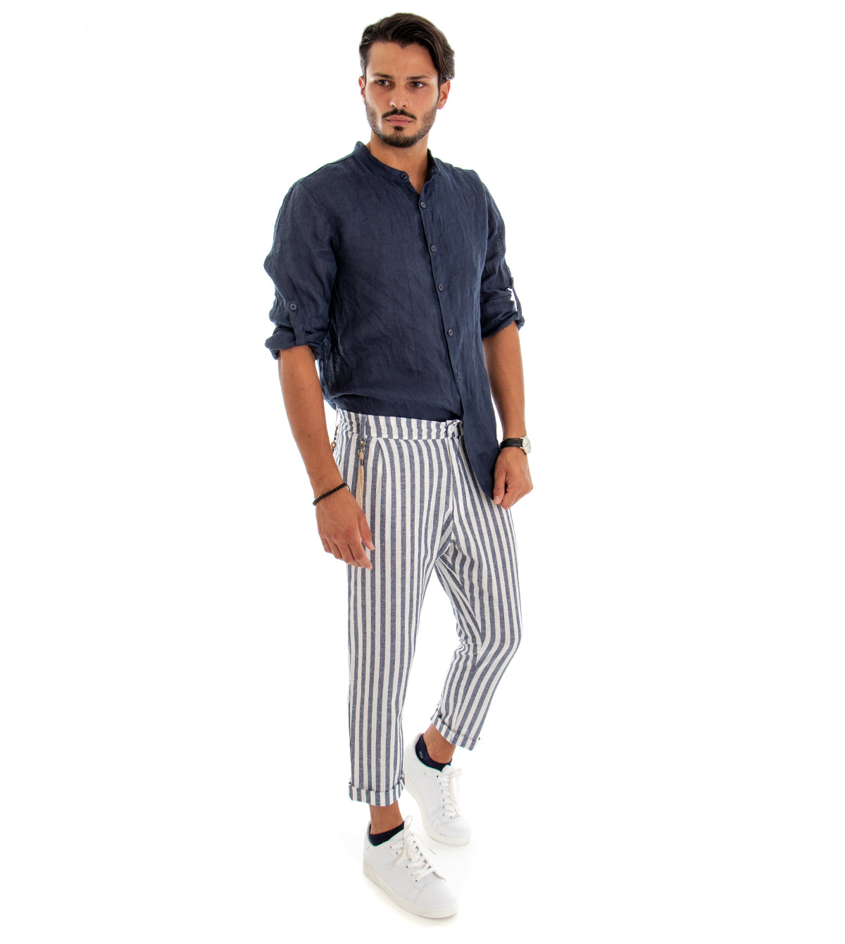 Pantaloni Uomo Lino Rigato Tasche America Casual Bicolore Bianco Blu GIOSAL-P3042A
