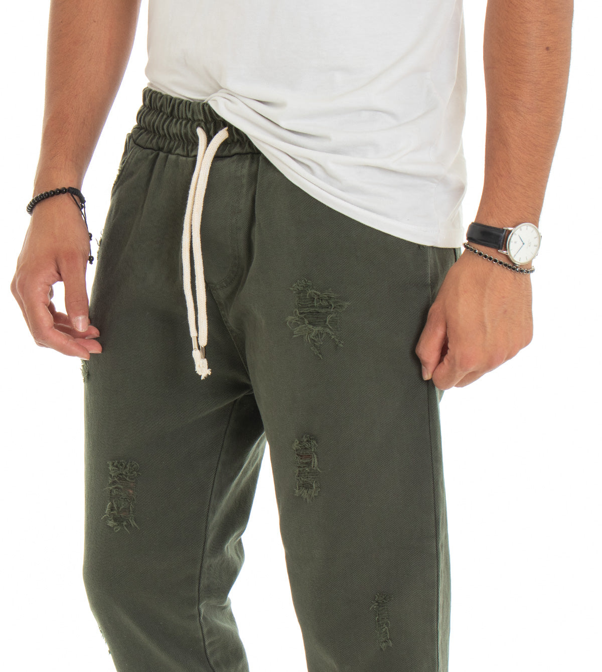 Jeans Jogger Cotone Loose Fit Rotture Verde P3068A