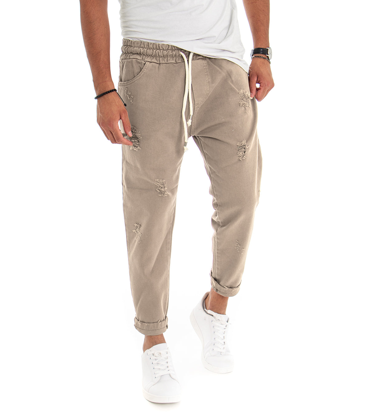 Jeans Jogger Cotone Loose Fit Rotture Beige P3528A