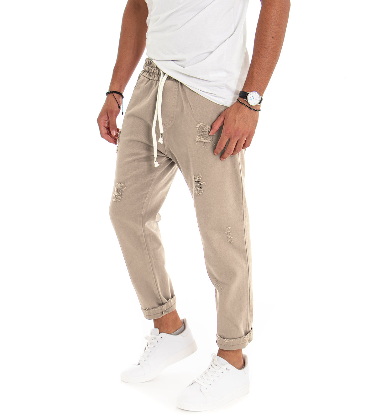 Jeans Jogger Cotone Loose Fit Rotture Beige P3528A