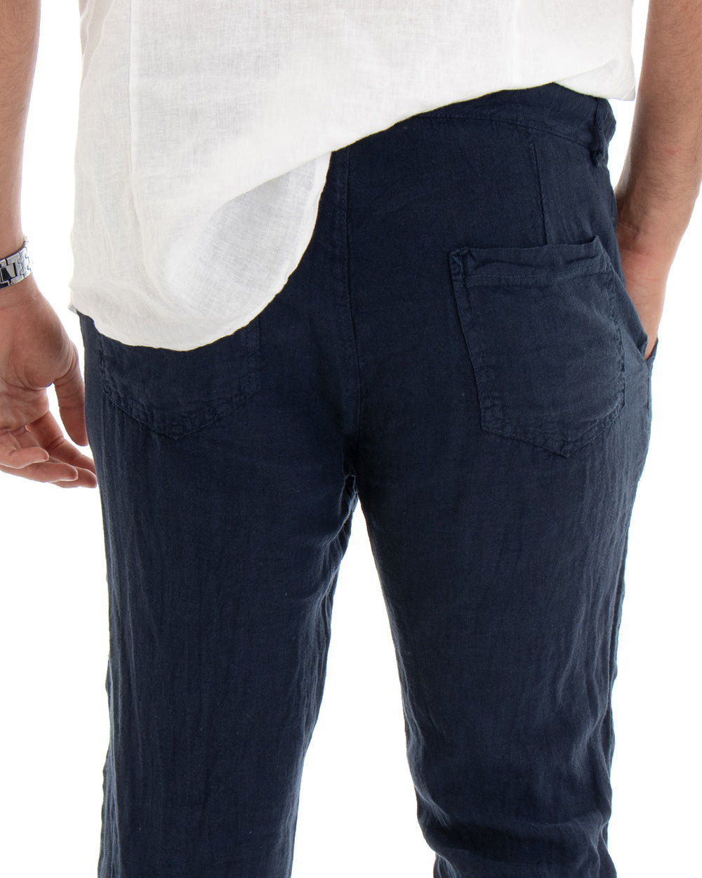 Pantaloni Uomo Tasca America Lino Tinta Unita Blu Casual Laccio GIOSAL-P3742A