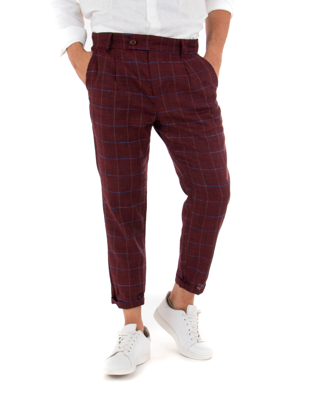 Pantaloni Uomo Tasca America Lino Classico Sartoriale Con Pinces Scozzese Bordeaux GIOSAL-P3826A