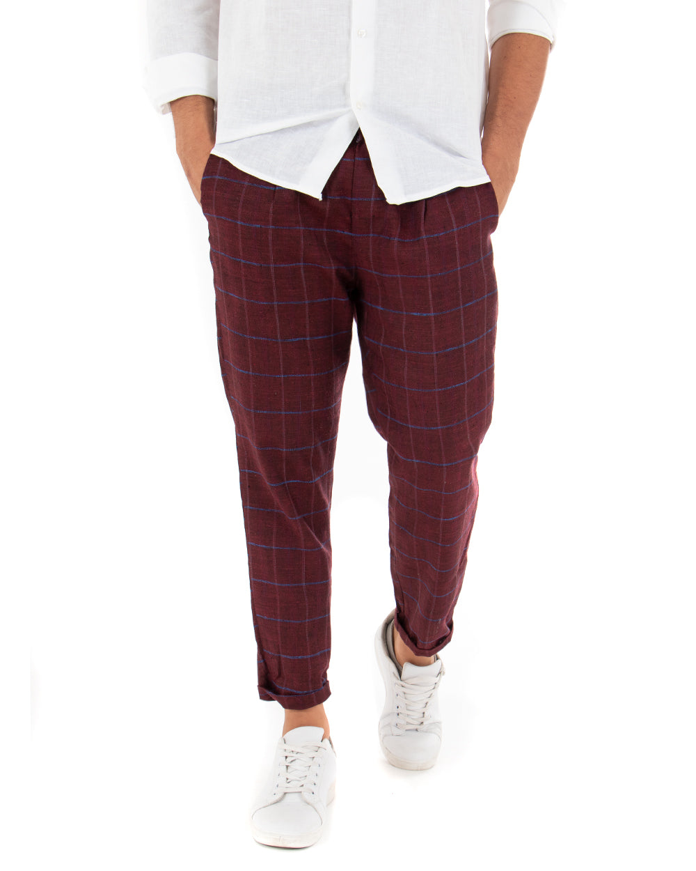 Pantaloni Uomo Tasca America Lino Classico Sartoriale Con Abbottonatura Allungata Con Pinces Scozzese Tartan Bordeaux GIOSAL-P3826A