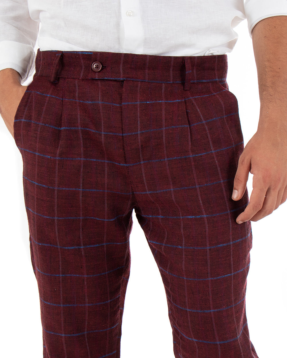 Pantaloni Uomo Tasca America Lino Classico Sartoriale Con Abbottonatura Allungata Con Pinces Scozzese Tartan Bordeaux GIOSAL-P3826A