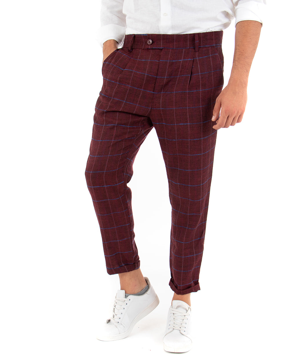 Pantaloni Uomo Tasca America Lino Classico Sartoriale Con Abbottonatura Allungata Con Pinces Scozzese Tartan Bordeaux GIOSAL-P3826A