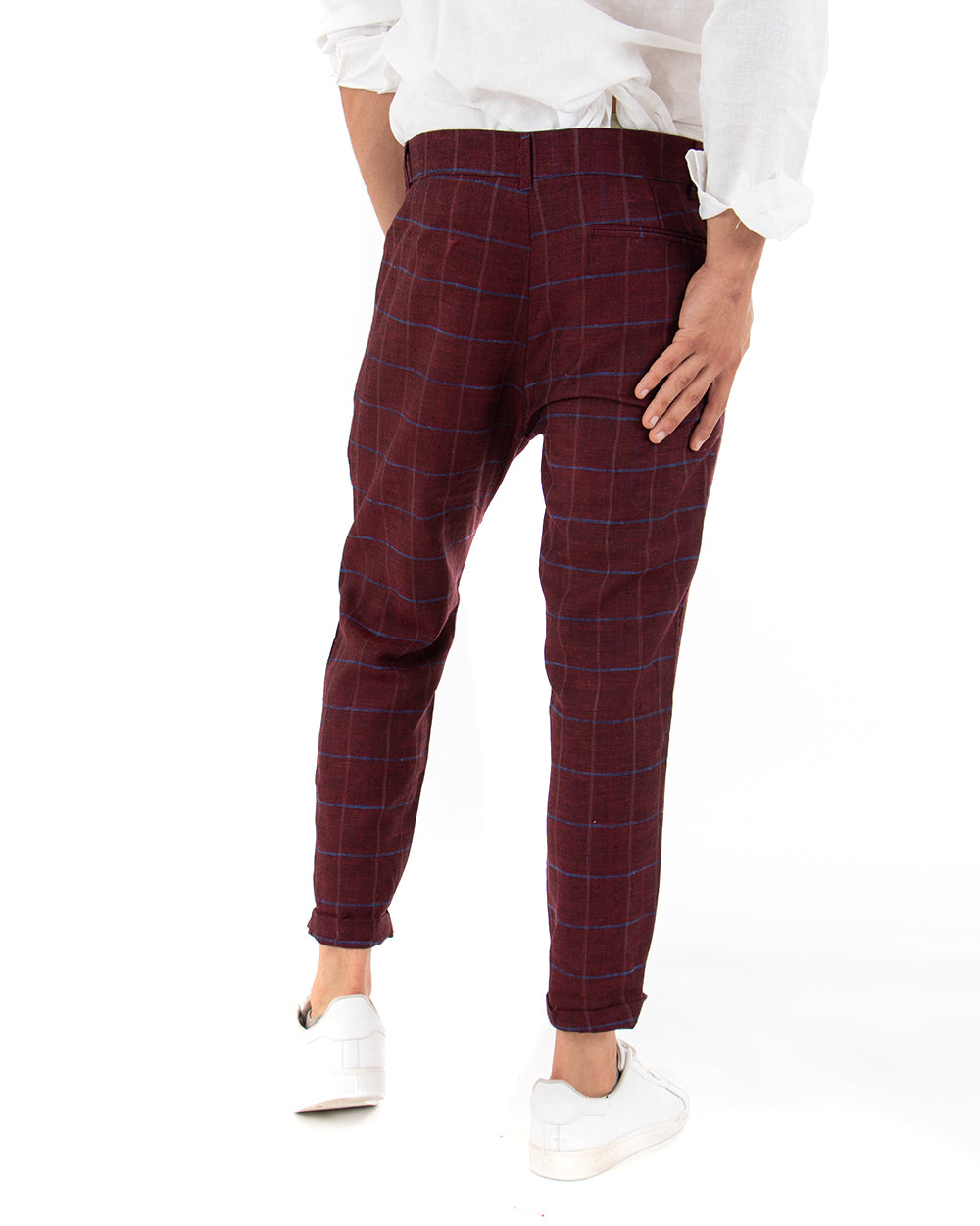 Pantaloni Uomo Tasca America Lino Classico Sartoriale Con Abbottonatura Allungata Con Pinces Scozzese Tartan Bordeaux GIOSAL-P3826A