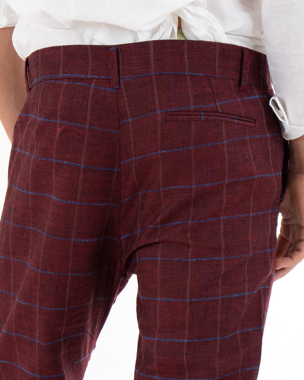 Pantaloni Uomo Tasca America Lino Classico Sartoriale Con Abbottonatura Allungata Con Pinces Scozzese Tartan Bordeaux GIOSAL-P3826A