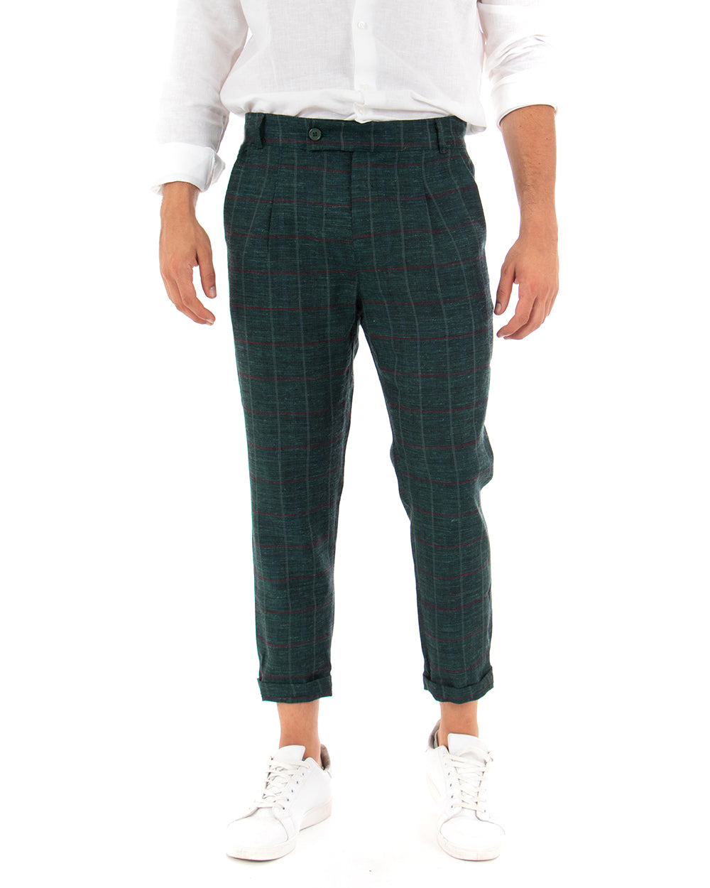 Pantaloni Uomo Tasca America Lino Classico Sartoriale Con Abbottonatura Allungata Con Pinces Scozzese Tartan Verde GIOSAL-P3827A