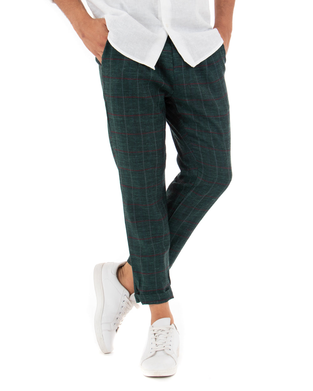 Pantaloni Uomo Tasca America Lino Classico Sartoriale Con Abbottonatura Allungata Con Pinces Scozzese Tartan Verde GIOSAL-P3827A