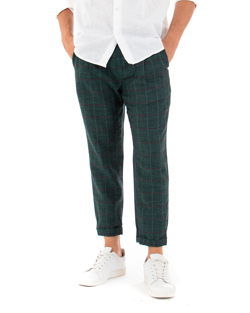 Pantaloni Uomo Tasca America Lino Classico Sartoriale Con Abbottonatura Allungata Con Pinces Scozzese Tartan Verde GIOSAL-P3827A