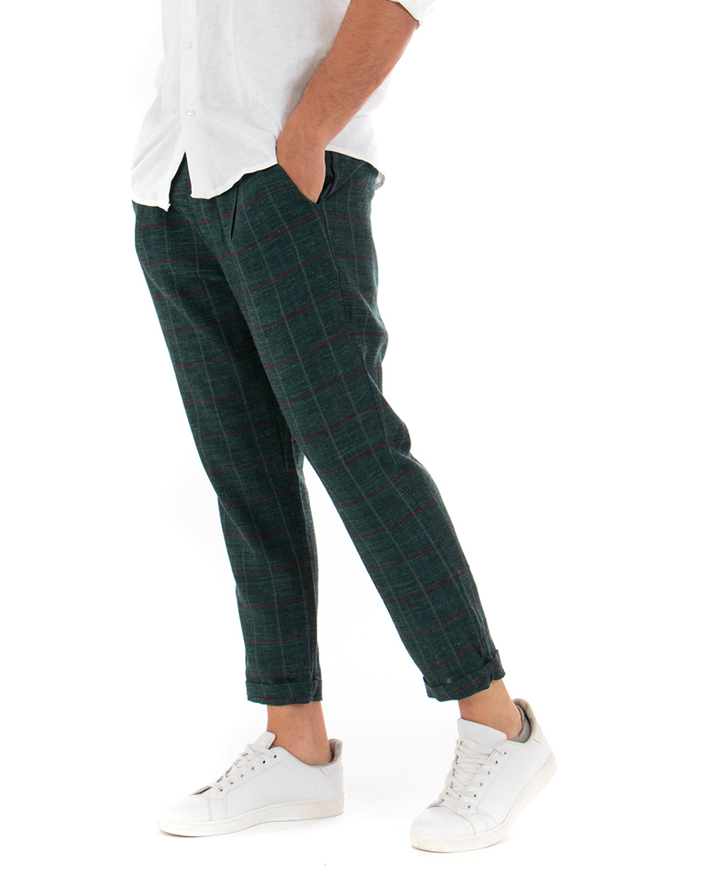 Pantaloni Uomo Tasca America Lino Classico Sartoriale Con Abbottonatura Allungata Con Pinces Scozzese Tartan Verde GIOSAL-P3827A
