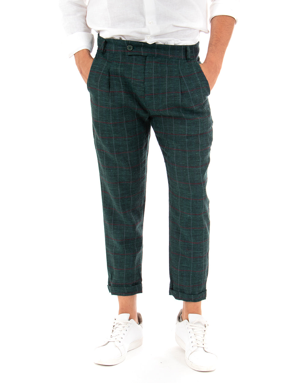 Pantaloni Uomo Tasca America Lino Classico Sartoriale Con Abbottonatura Allungata Con Pinces Scozzese Tartan Verde GIOSAL-P3827A