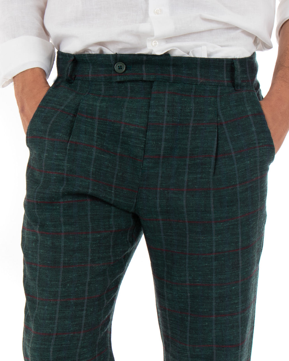 Pantaloni Uomo Tasca America Lino Classico Sartoriale Con Abbottonatura Allungata Con Pinces Scozzese Tartan Verde GIOSAL-P3827A