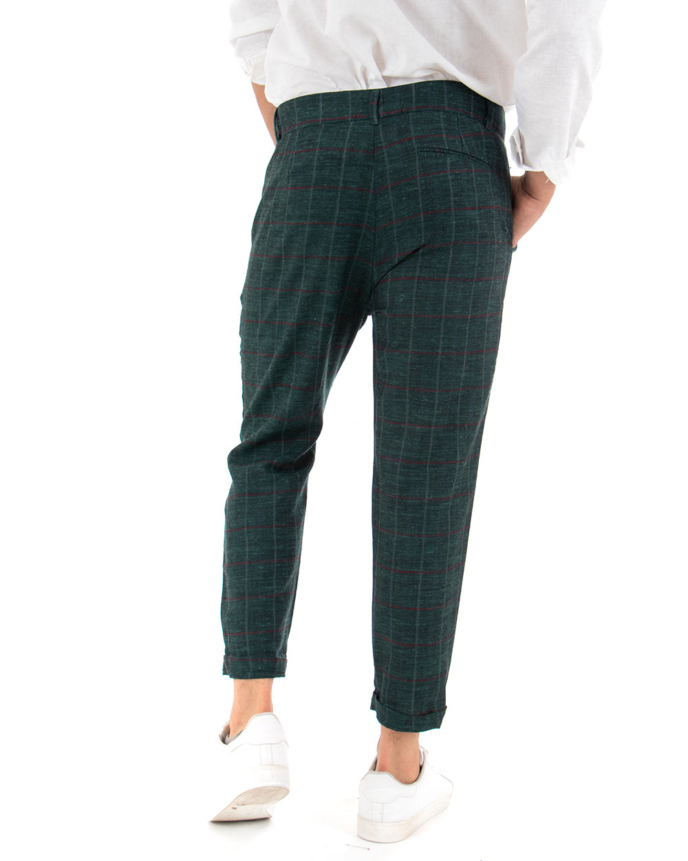 Pantaloni Uomo Tasca America Lino Classico Sartoriale Con Pinces Scozzese Verde GIOSAL-P3827A