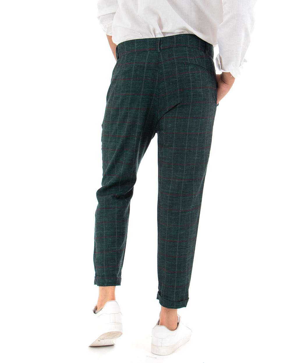 Pantaloni Uomo Tasca America Lino Classico Sartoriale Con Abbottonatura Allungata Con Pinces Scozzese Tartan Verde GIOSAL-P3827A