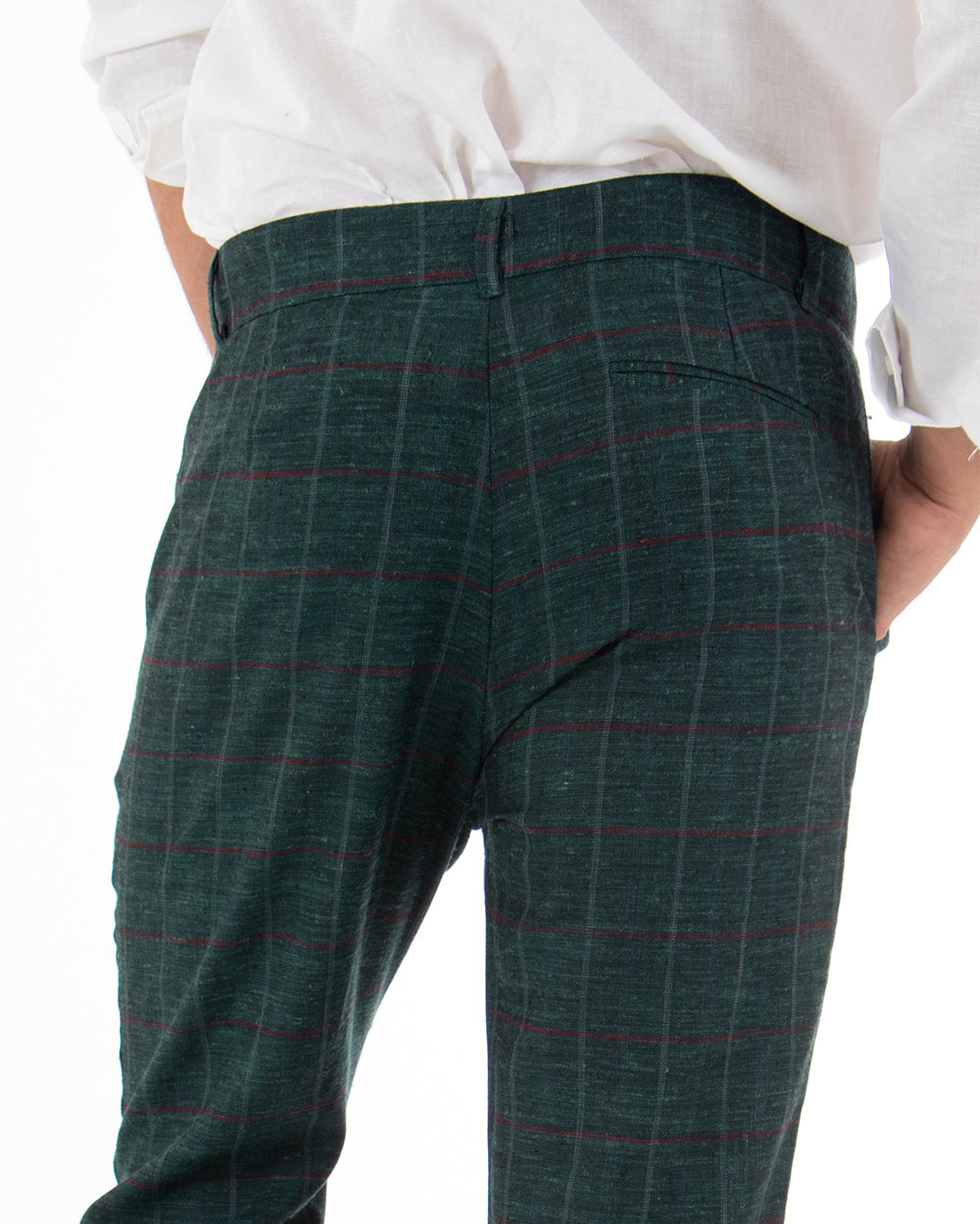 Pantaloni Uomo Tasca America Lino Classico Sartoriale Con Abbottonatura Allungata Con Pinces Scozzese Tartan Verde GIOSAL-P3827A