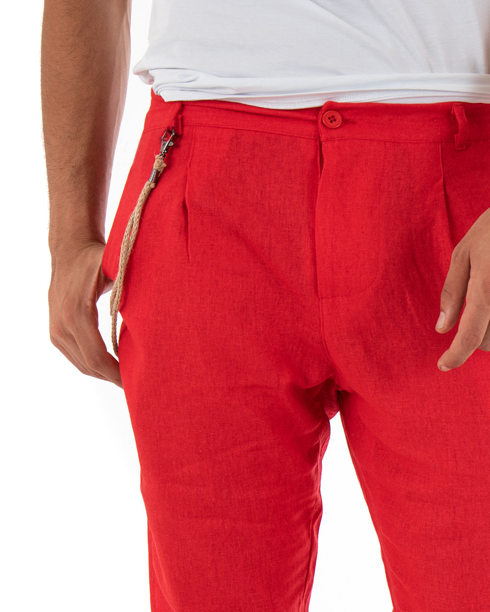 Pantaloni Uomo Lino Tinta Unita Rosso Elegante Tasca America Con Pinces GIOSAL-P3838A