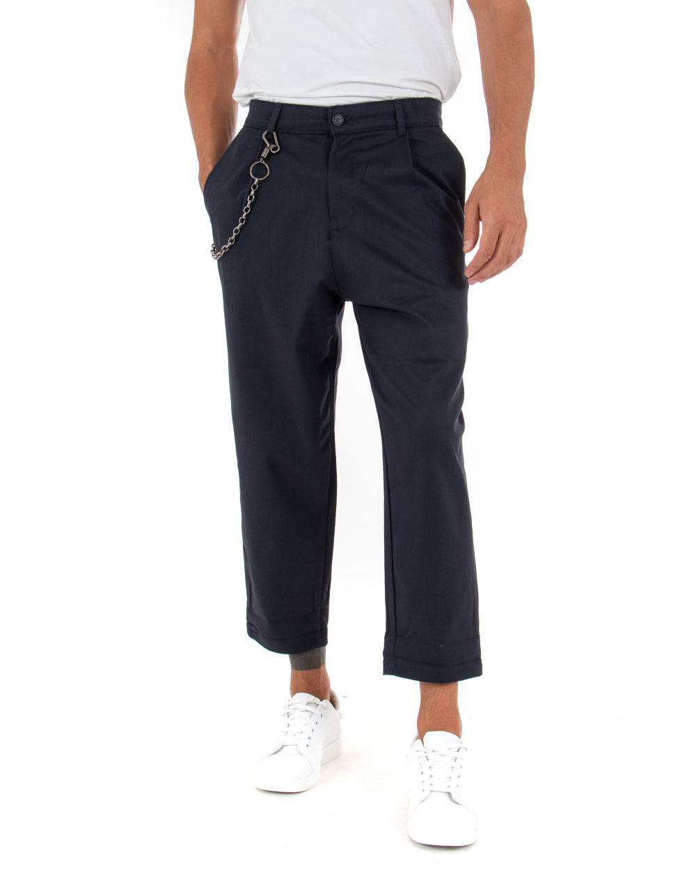 Pantaloni Uomo Lungo Tinta Unita Blu Wide Fit Catena Pinces GIOSAL-P3979A