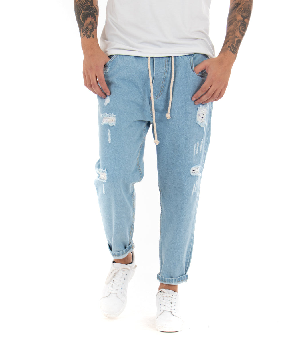 Pantaloni Jeans Uomo Regular Fit Denim Chiaro Pantalaccio Con Rotture Casual GIOSAL-P4083A