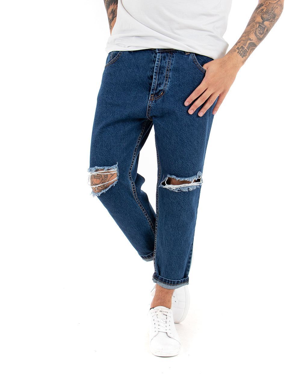 Pantaloni Jeans Uomo Loose Fit Denim Taglio Al Ginocchio Cinque Tasche Casual GIOSAL-P3019A