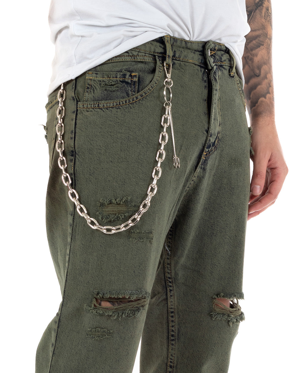 Pantaloni Jeans Uomo Slim Fit Verde Con Rotture Cinque Tasche GIOSAL-P5137A