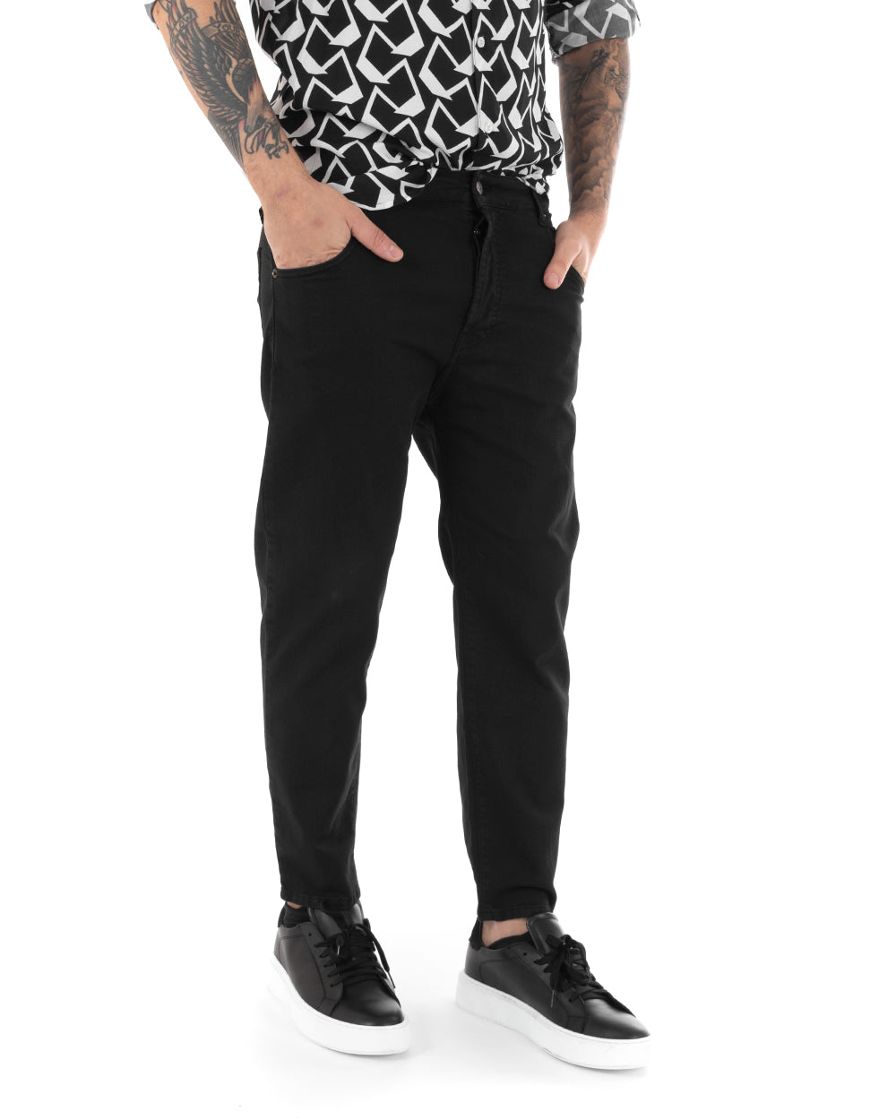 Pantaloni Jeans Uomo Loose Fit Nero Basic Cinque Tasche Casual GIOSAL-P5162A