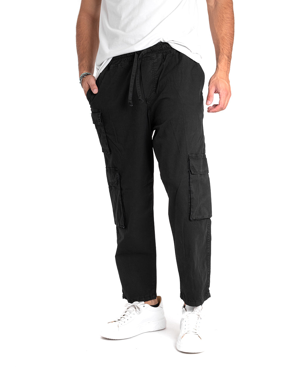 Pantaloni Uomo Cargo Tasconi Comodo Coulisse Tinta Unita Nero GIOSAL-P5345A