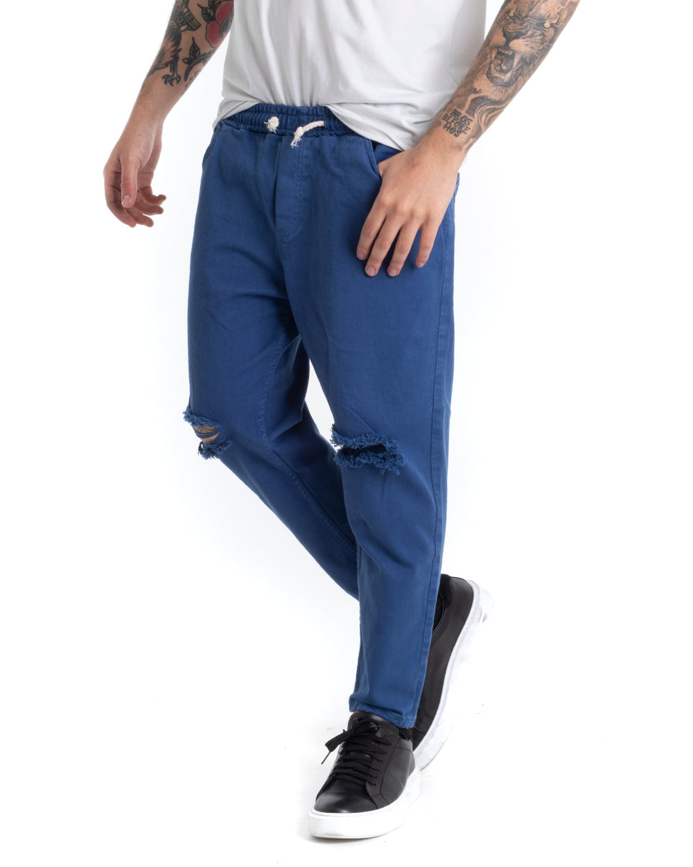 Pantaloni Jeans Uomo Regular Fit Blu Royal Pantalaccio Taglio al Ginocchio Casual GIOSAL-P5370A