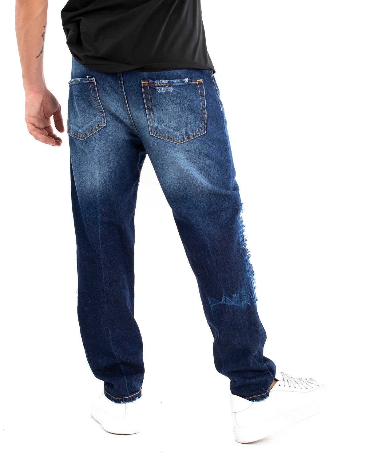 Pantaloni Jeans Uomo Loose Fit Sfumato Ripped Denim Scuro Cinque Tasche GIOSAL-P5482A