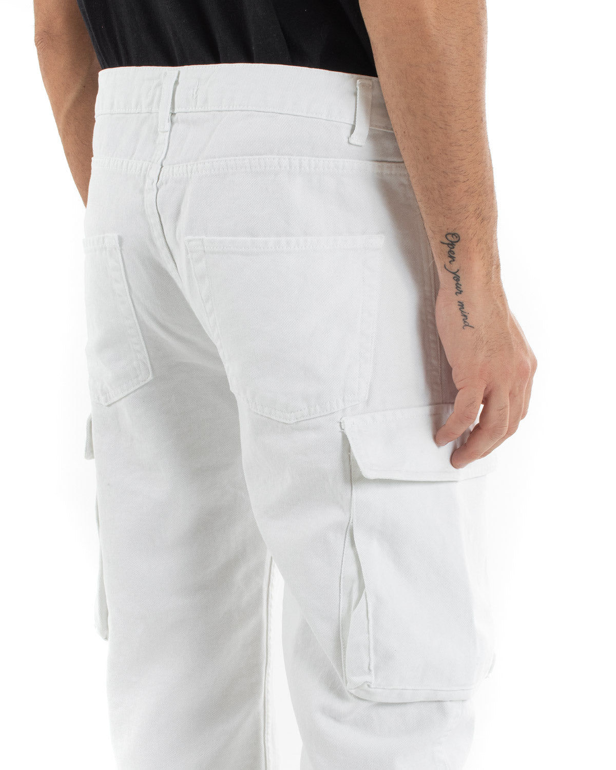 Pantaloni Jeans Uomo Straight Fit Cargo Bianco Cinque Tasche Casual GIOSAL-P5551A