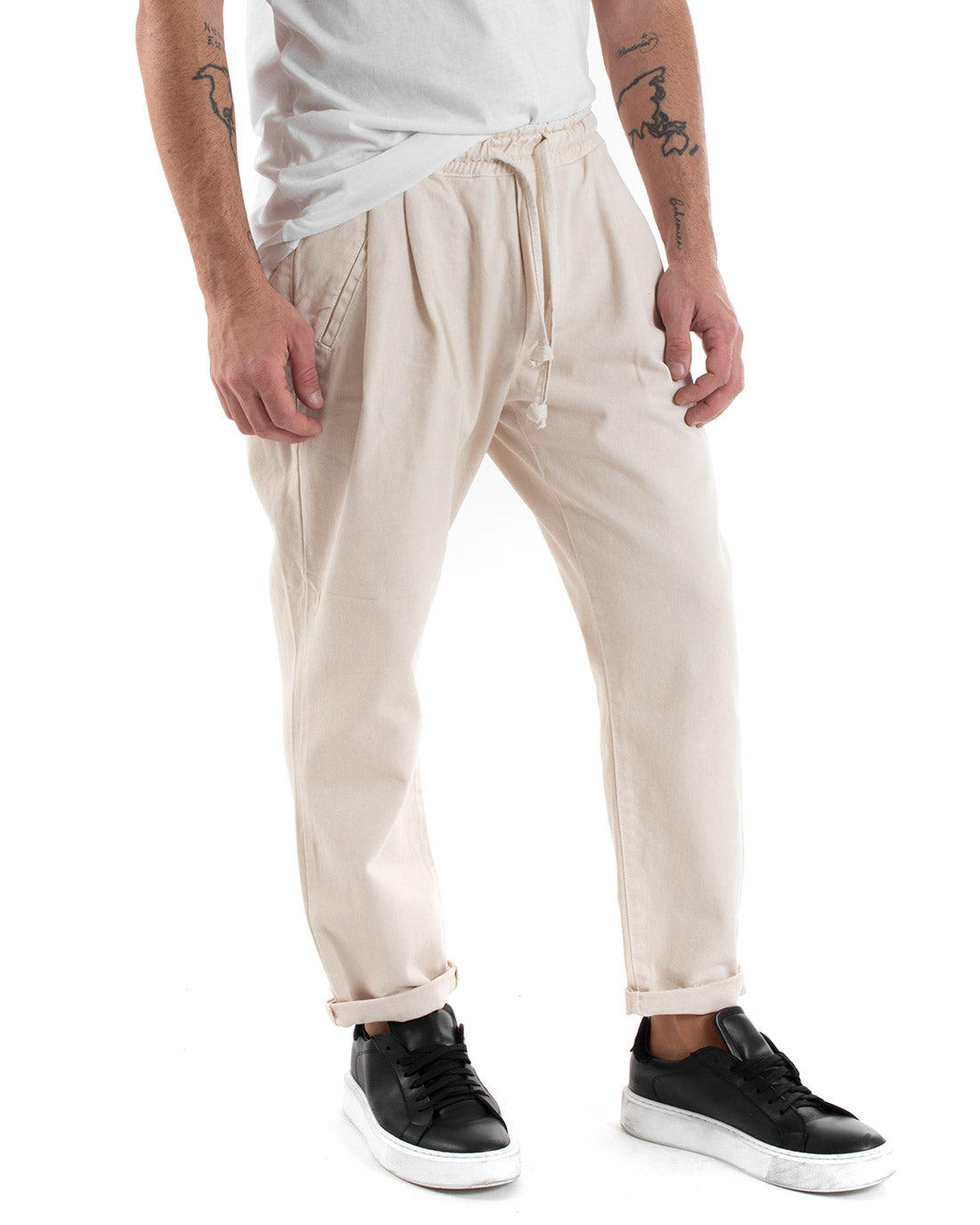 Pantaloni Uomo Pantalaccio Comodo Cotone Elastico Casual Basic Panna GIOSAL-P5555A