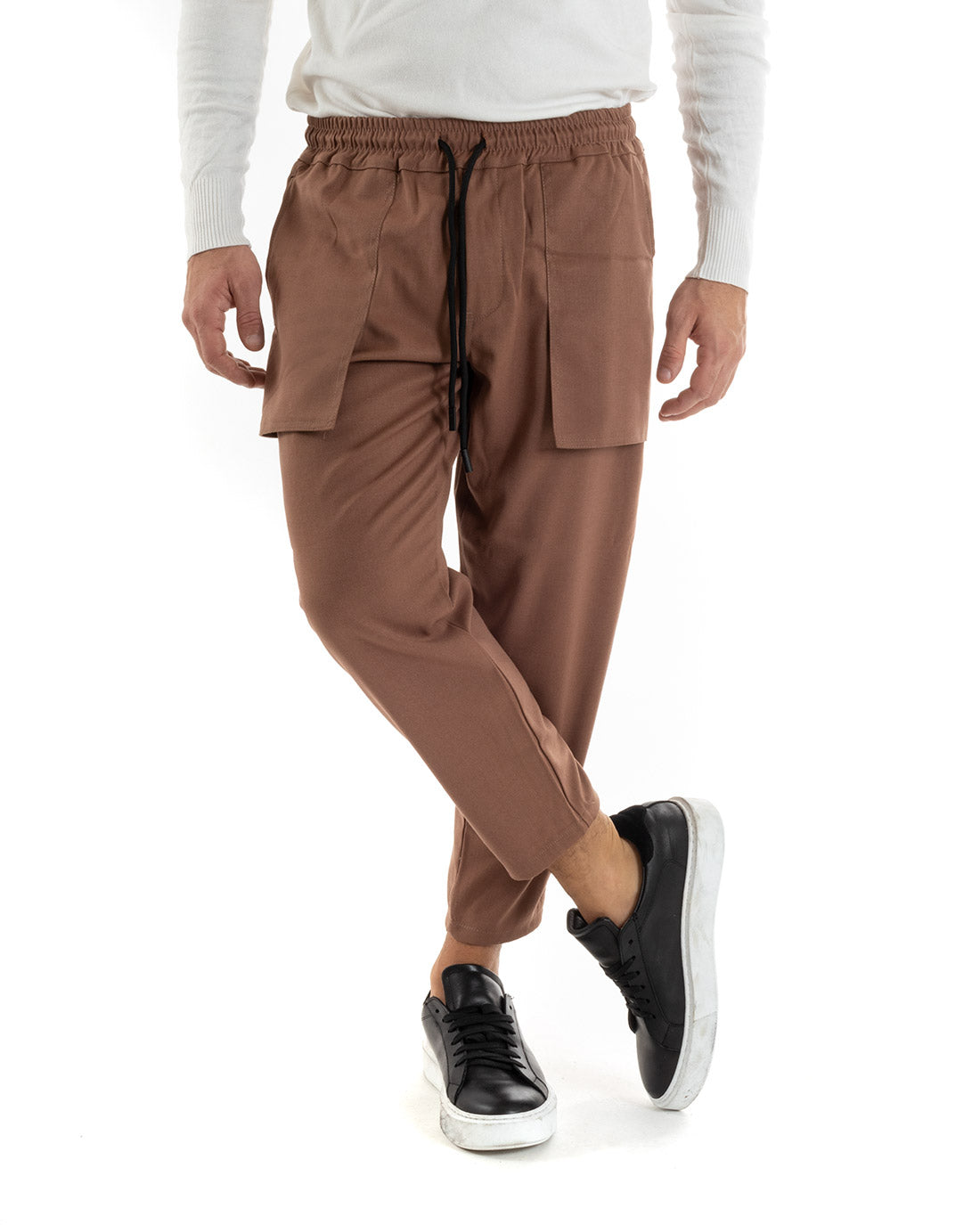 Pantaloni Uomo Pantalaccio Viscosa Tasconi Cargo Tabacco Elastico Coulisse GIOSAL-P5571A