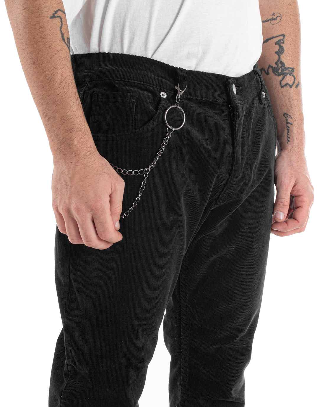 Pantaloni Uomo Cinque Tasche Velluto Millerighe Lucido Casual Nero GIOSAL-P5572A