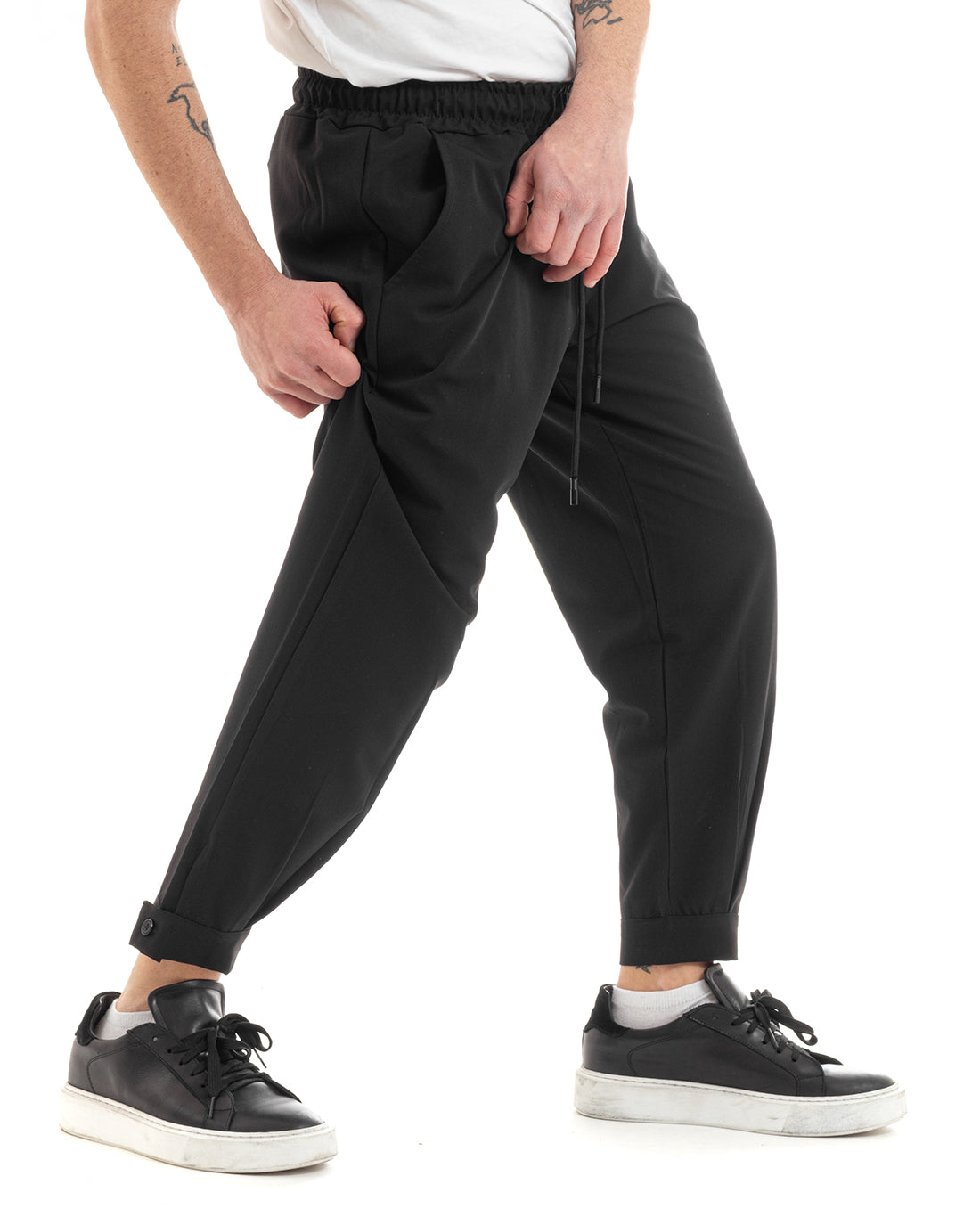 Pantaloni Uomo Pantalaccio Viscosa Jogger Con Tasche America Con Elastico Casual Tinta Unita Nero GIOSAL-P5643A