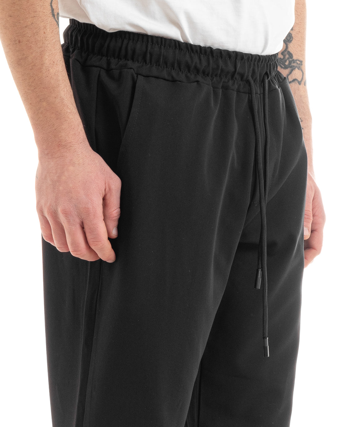Pantaloni Uomo Pantalaccio Viscosa Jogger Con Tasche America Con Elastico Casual Tinta Unita Nero GIOSAL-P5643A