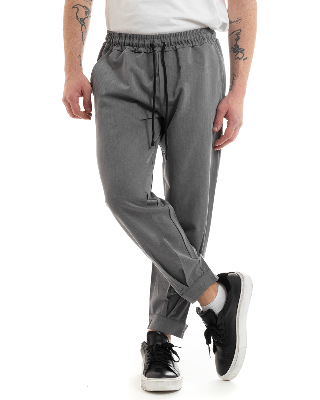 Pantaloni Uomo Pantalaccio Viscosa Jogger Con Tasche America Con Elastico Casual Tinta Unita Grigio GIOSAL-P5644A