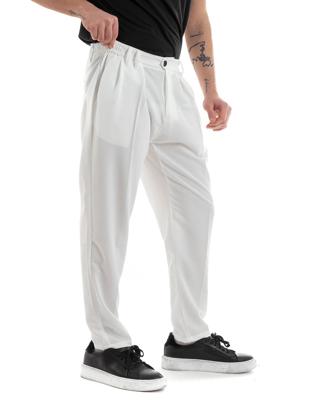 Pantaloni Uomo Pantalaccio Comodo Viscosa Con Elastico Con Pinces Straight Fit Tinta Unita Bianco GIOSAL-P5649A