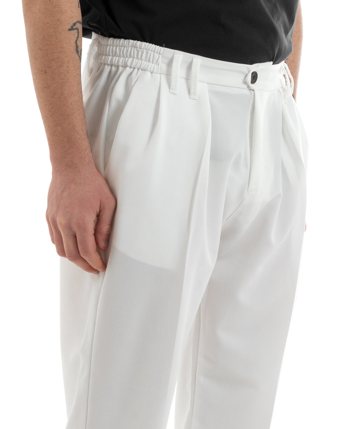 Pantaloni Uomo Pantalaccio Comodo Viscosa Con Elastico Con Pinces Straight Fit Tinta Unita Bianco GIOSAL-P5649A