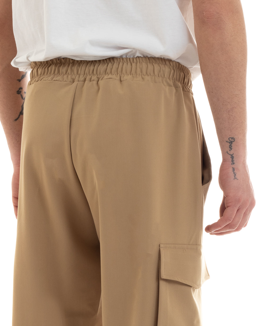 Pantaloni Uomo Lungo Cargo Tasconi Viscosa Tinta Unita Camel Elastico Alla Caviglia GIOSAL-P5651A