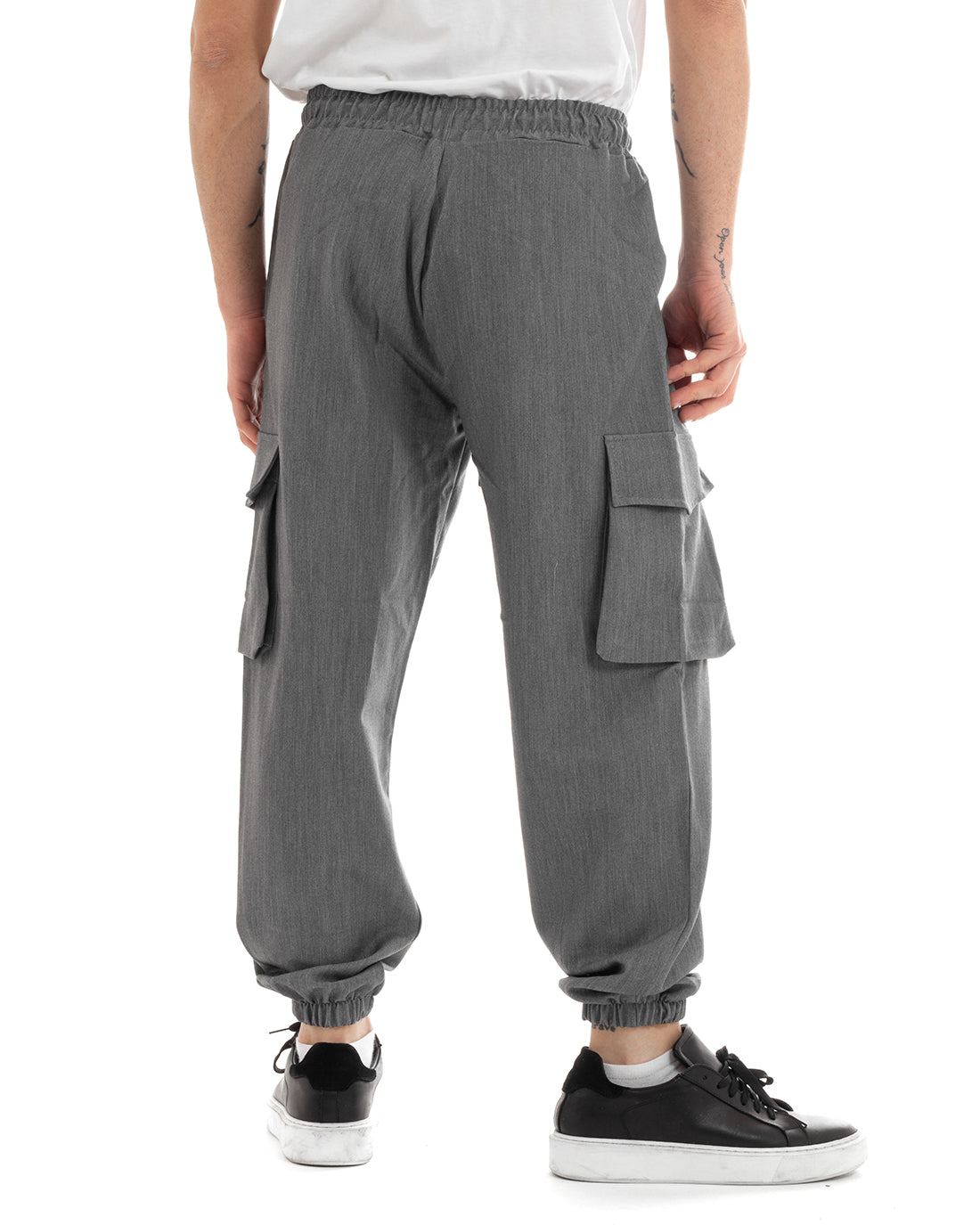 Pantaloni Uomo Lungo Cargo Tasconi Viscosa Tinta Unita Grigio Elastico Alla Caviglia GIOSAL-P5652A